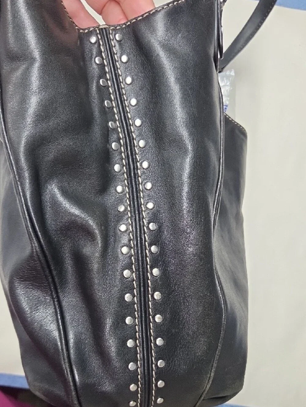 Michael Kors Black Leather Shoulder Bag with MK Charm and Stud Accents